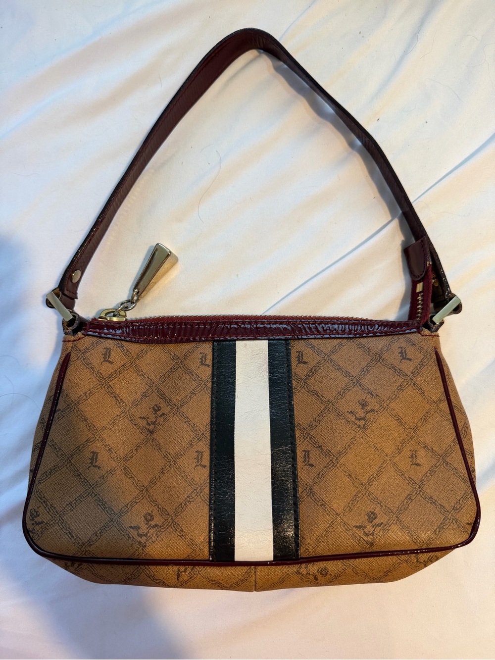 L.A.M.B Tan Monogram Shoulder Bag with White and Black Center Stripe